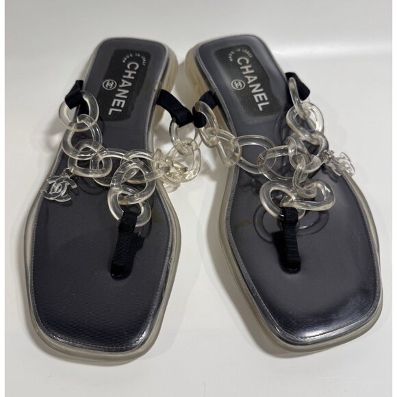 Chanel Size 39/ 8 Clear Jelly Sandals CC Chain Flip Flops - Picture 3 of 11